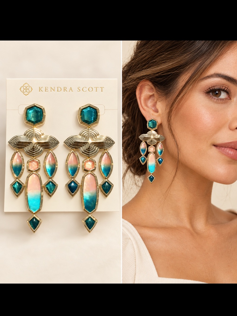 Kendra Scott Blue Teal & Pink Multi-Stone Chandelier Earrings
